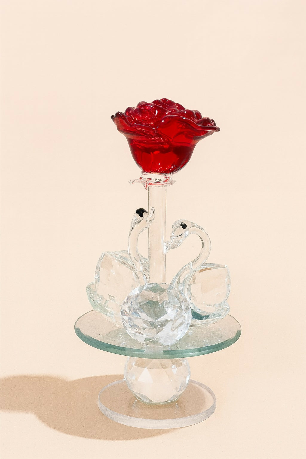 Crystal Swan Couple Showpiece with Red Rose and Glass Pedestal – Romantic Decorative Gift for Anniversary, Valentine’s Day & Home Decor