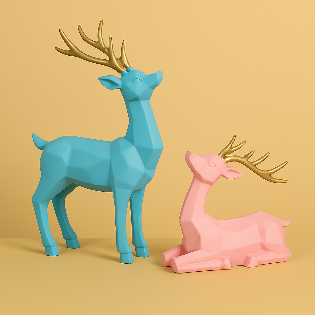 HOME DECOR Geometric Deer Couple Figurine Set – Blue & Pink Resin Decor with Golden Antlers