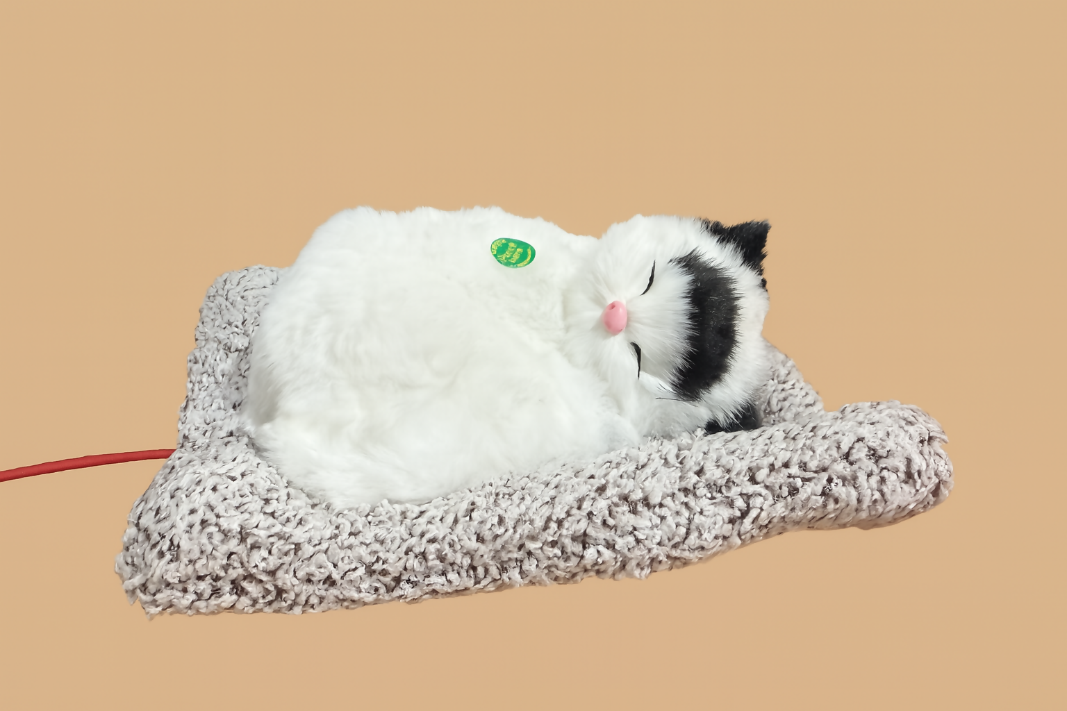 Realistic Sleeping Cat Plush Toy on Soft Bed – Lifelike Breathing Pet Cat Doll – Faux Fur Stuffed Animal with Pillow – Cute Home Decor Gift for Kids & Adults – White & Black
