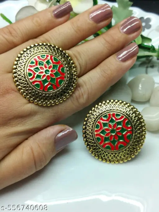 Goldplaated Oxidised Adjustable Big Finger Ring With Red and Green work