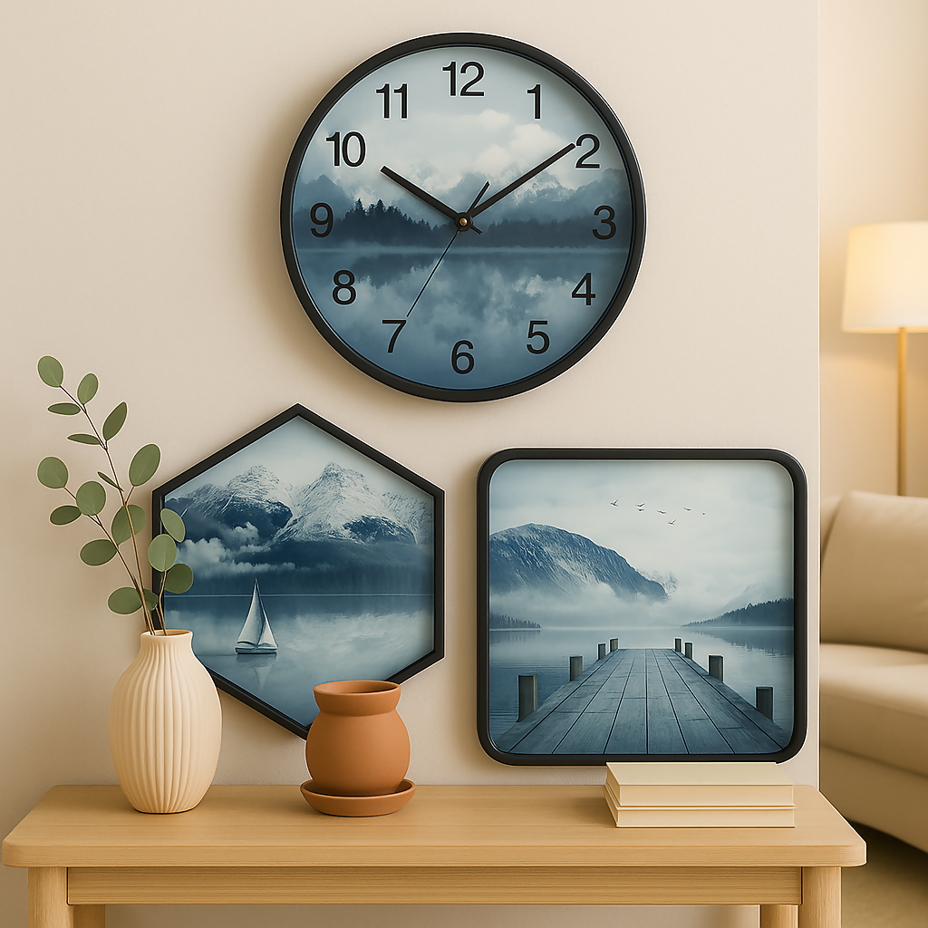 HOME DECOR Premium 3-Piece Mountain Landscape Wall Decor Set with Round Silent Clock | Nordic Style Wall Art Featuring Nature Prints – Ideal for Living Room, Bedroom, Office & Home Decor | Sailboat, Dock & Lake Scenery