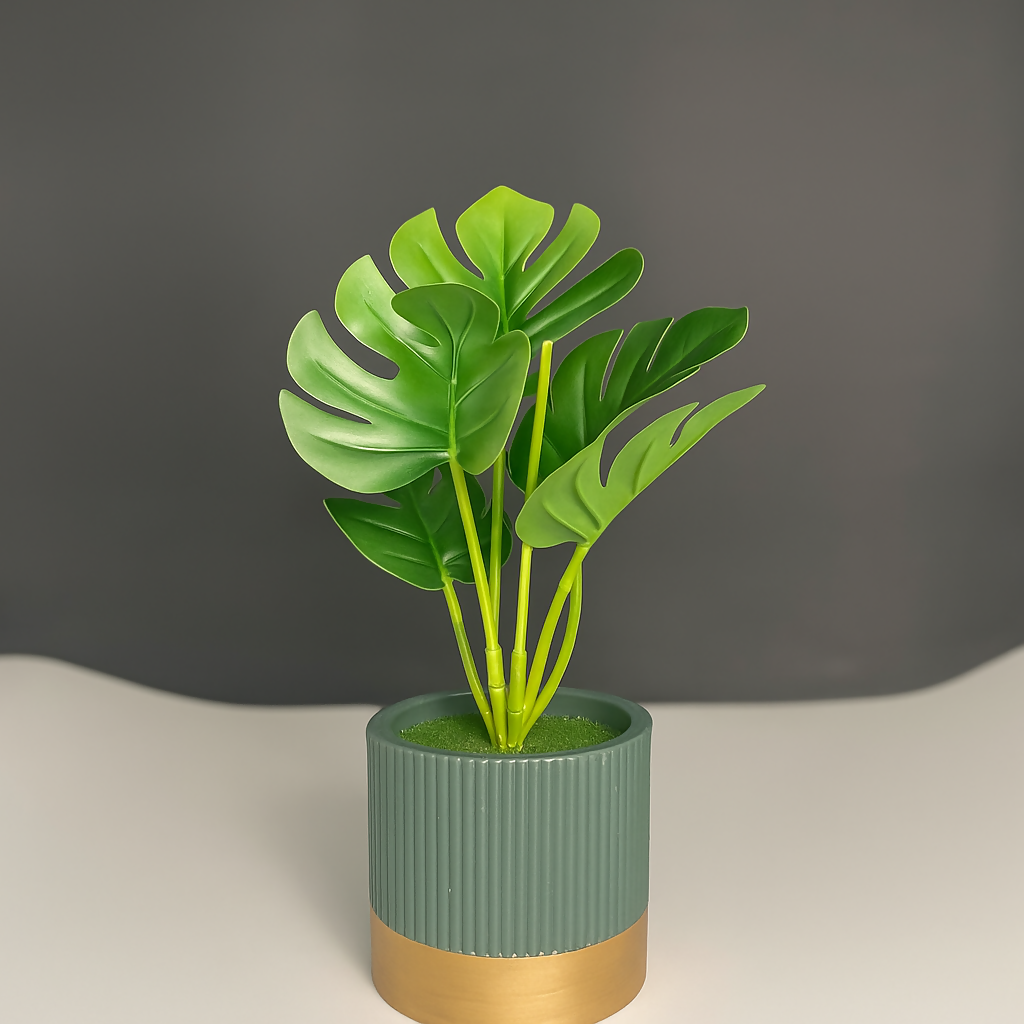 Artificial Monstera Plant in Premium Ribbed Ceramic Pot with Golden Base | Small Faux Indoor Desk Plant for Home, Office, Bedroom & Table Décor
