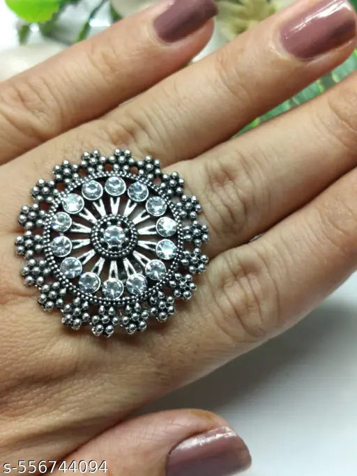 Silverplated Oxidised Big Adjustable Finger Ring studed With Artificial Stones