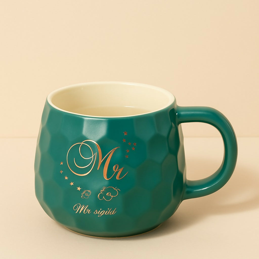 Luxury Green Ceramic “Mr. Right” Mug with Gift Box – Textured Glossy Coffee Cup with Gold Lettering – Romantic Mug Gift for Husband, Boyfriend, Groom – Ideal for Wedding, Anniversary or Valentine's Day