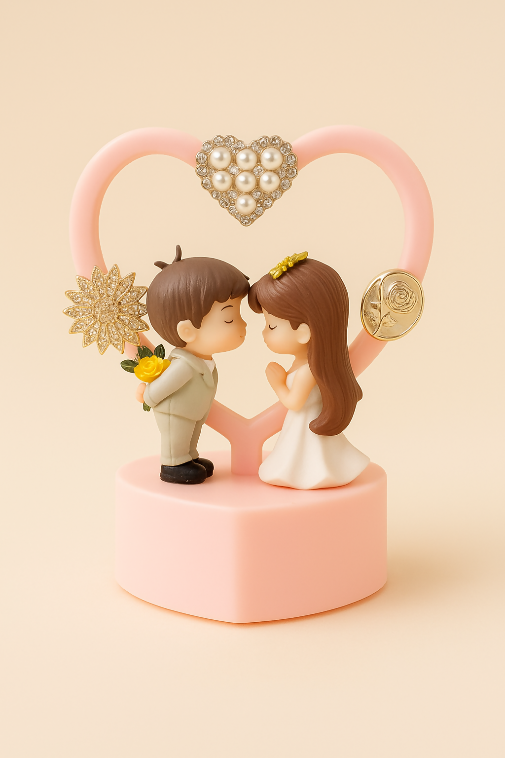 Romantic Couple Figurine LED Night Lamp – Heart Shape Table Decor Showpiece | Cute Bride Groom Miniature with Decorative Arch & Lights – Ideal Valentine, Anniversary, Wedding Gift (Pink)