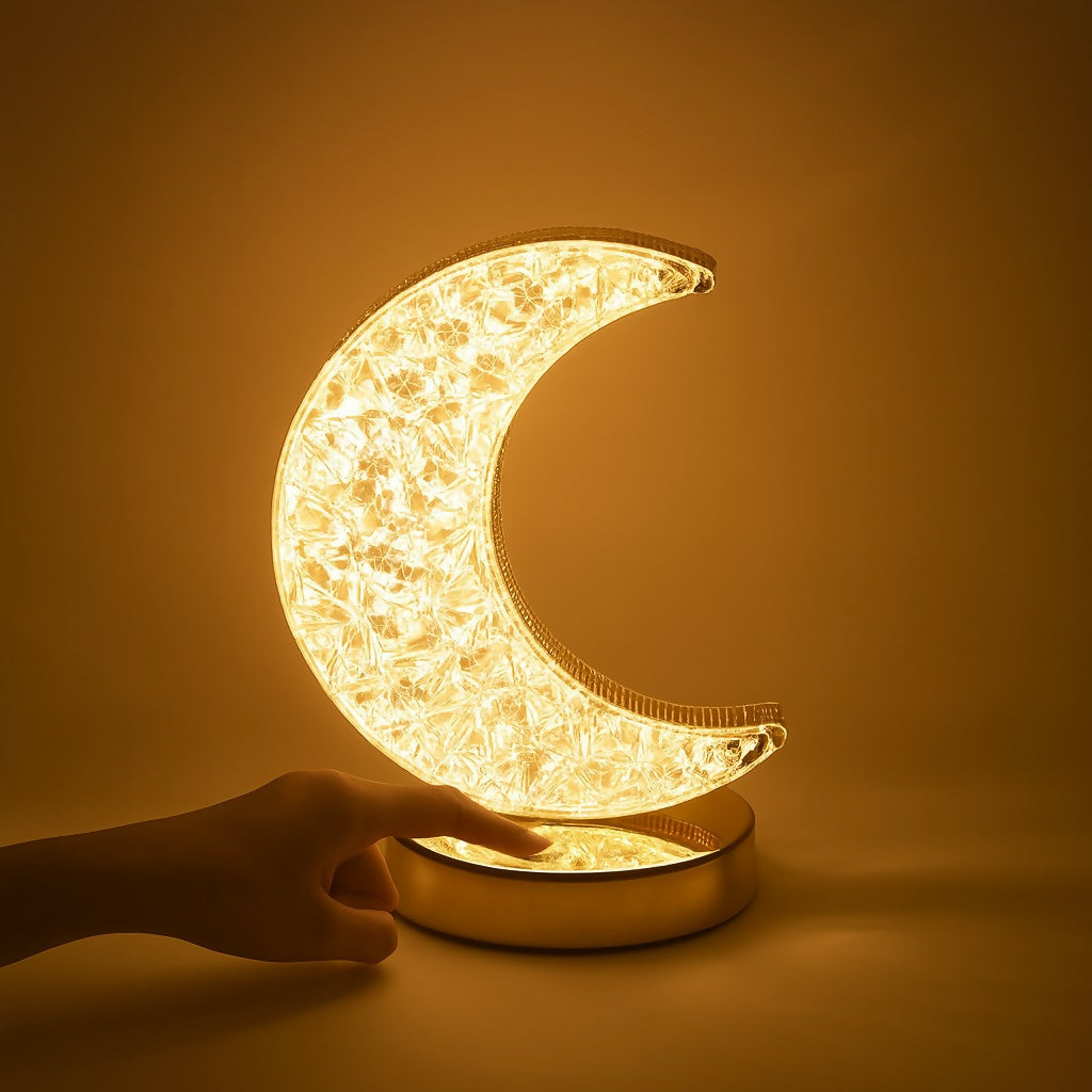 Golden Crystal LED Moon Lamp – 3 Color Modes (White, Warm & Natural Light) – Elegant Crescent Night Light for Bedroom, Table Decor, or Gift – USB Rechargeable Touch Control Moonlight Lamp