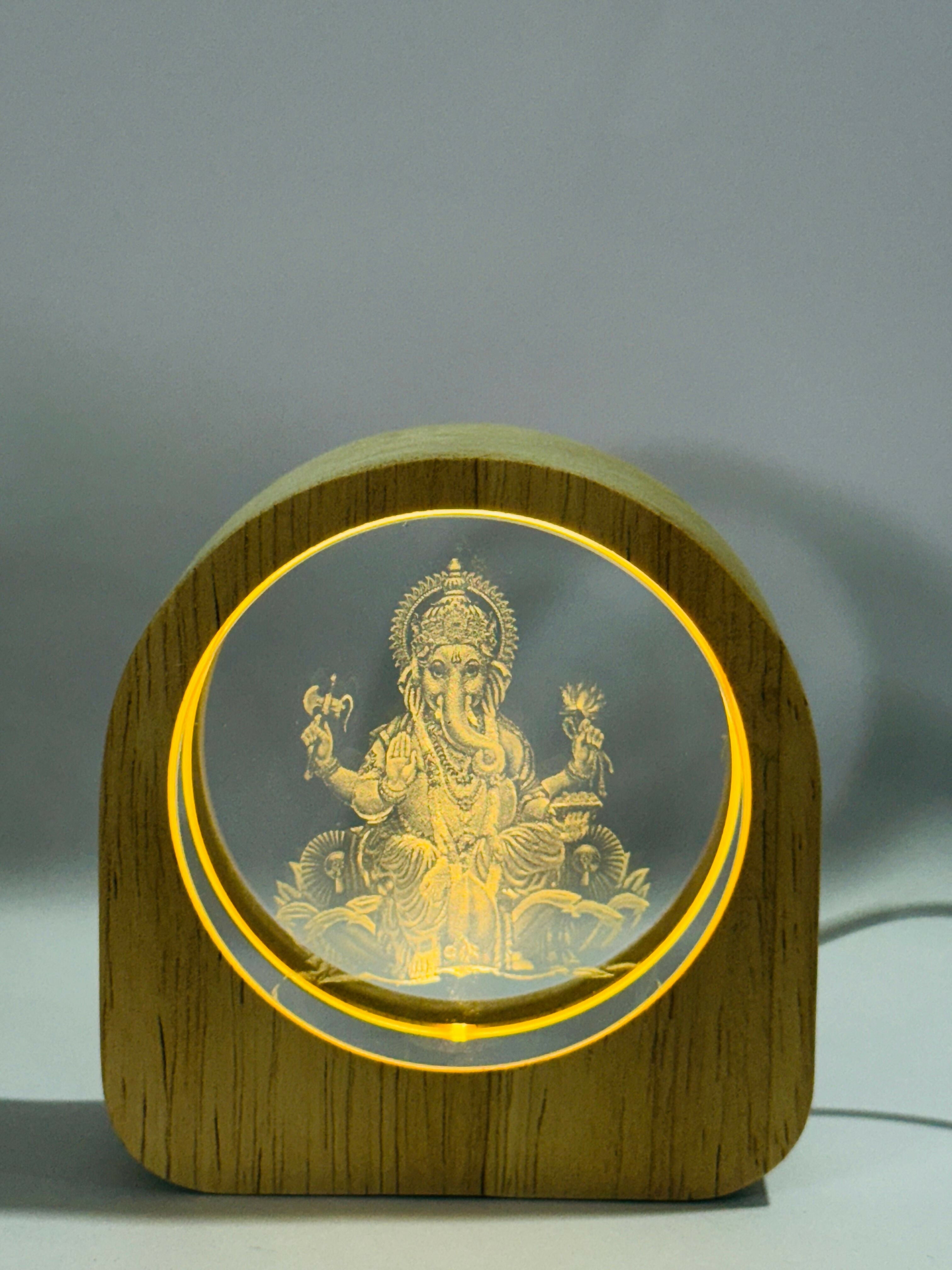 Lord Ganesha Sitting Idol 3D Laser Engraved LED Night Lamp in Crystal Glass with Wooden Frame – USB Powered Table Light with Warm Yellow Glow | Spiritual Pooja Room Decor & Gift for Home and Festivals