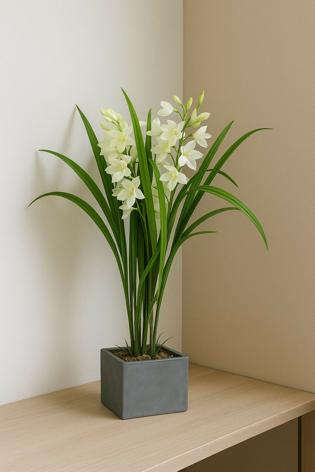 HOME DECOR Artificial White Orchid Flower Plant with Pot – Elegant Faux Floral Arrangement in Grey Planter for Home, Office, Tabletop & Gifting – Realistic Decorative Flower Pot for Modern Interiors