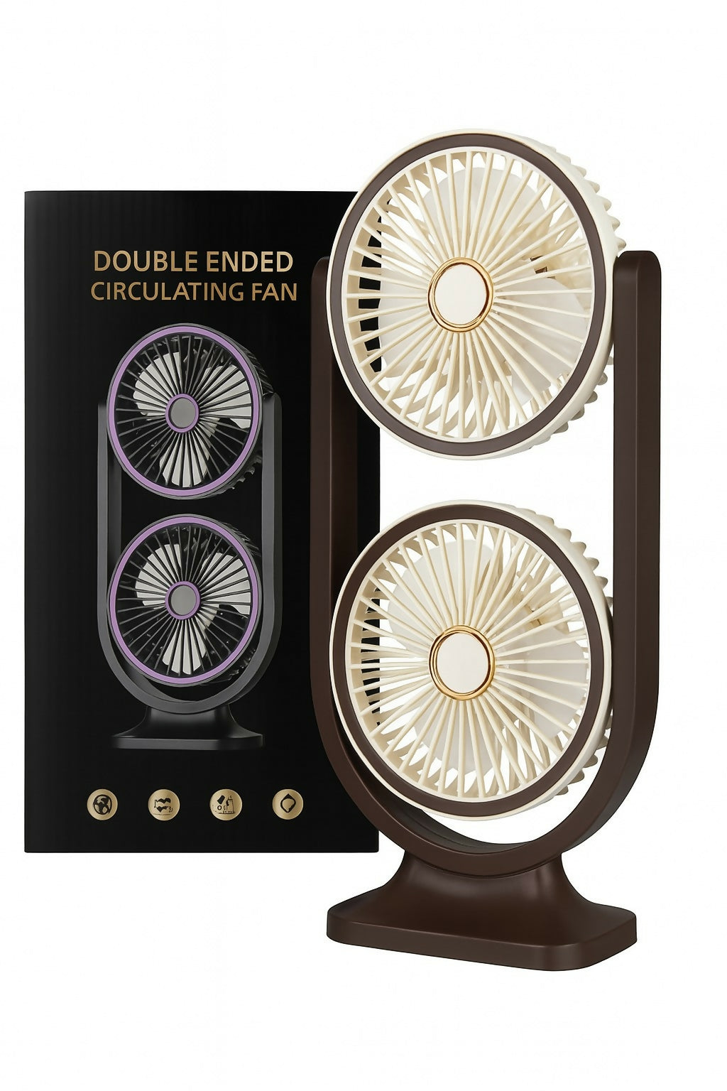 Double Ended Circulating Desk Fan – Dual Head Oscillating Table Fan with Powerful Airflow & Modern Design – USB Rechargeable Silent Fan for Home, Office, and Study Table – Brown & Beige Color Combo