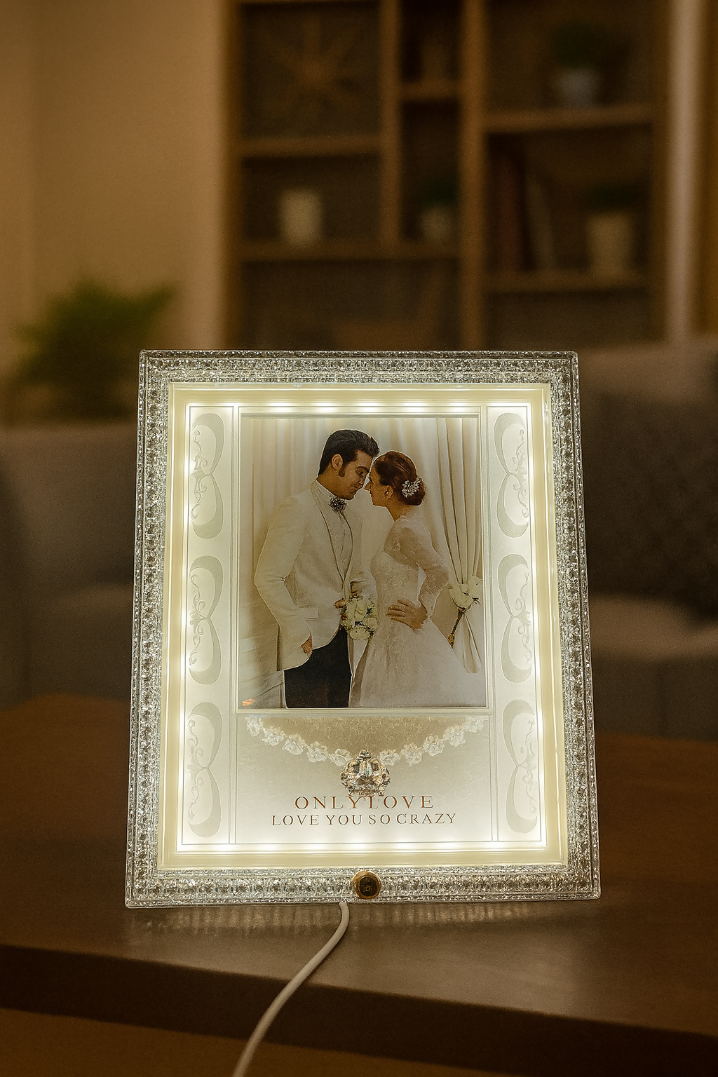 Square White LED Wedding Photo Frame | Elegant Crystal Design with Glowing White Lights | 4x6 Inch Couple Picture Frame | Romantic Gift for Wedding, Anniversary, Valentine’s Day & Home Decoration