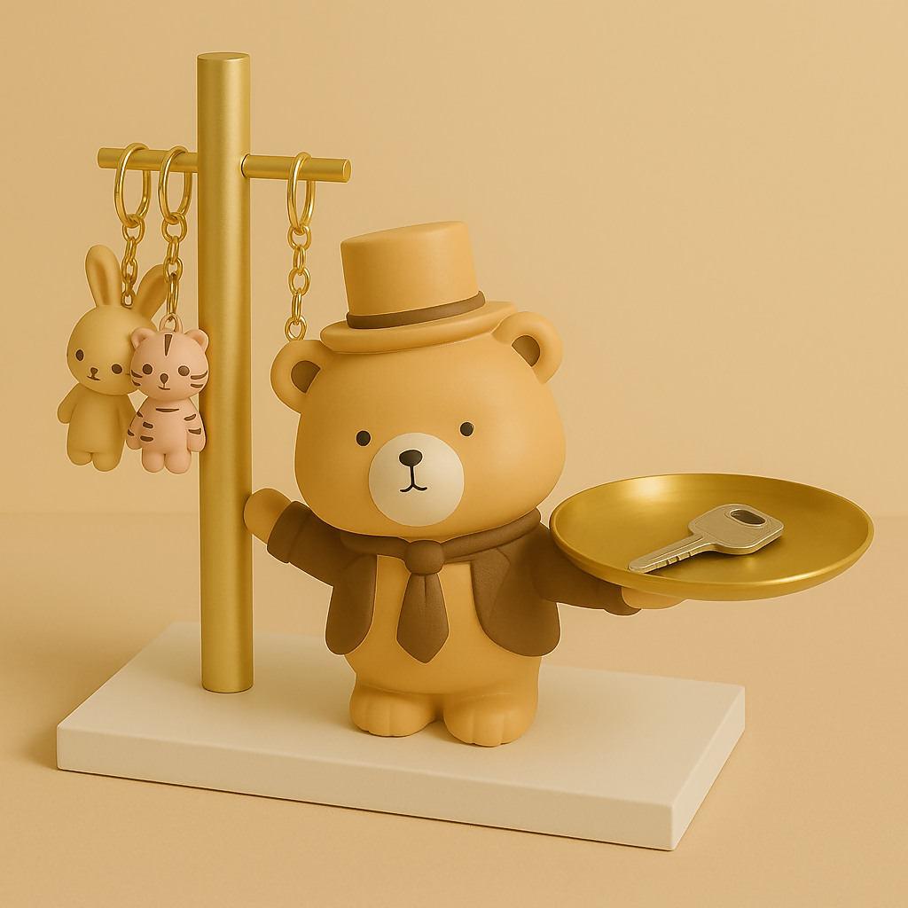 HOME DECOR Adorable Bear Butler Key Holder & Trinket Tray with Hanging Hooks – Cute Resin Organizer Stand for Desk, Entryway & Kids Room