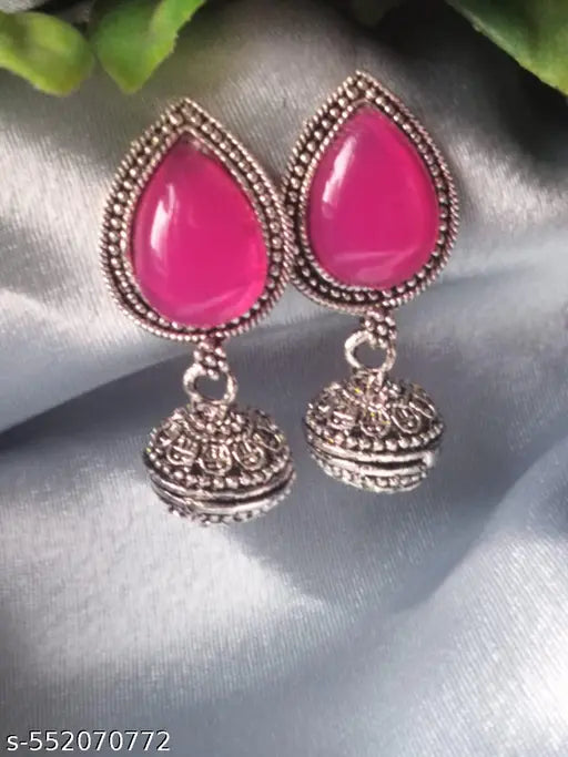 Oxidised Jumka Style Earrings With Pink Stone
