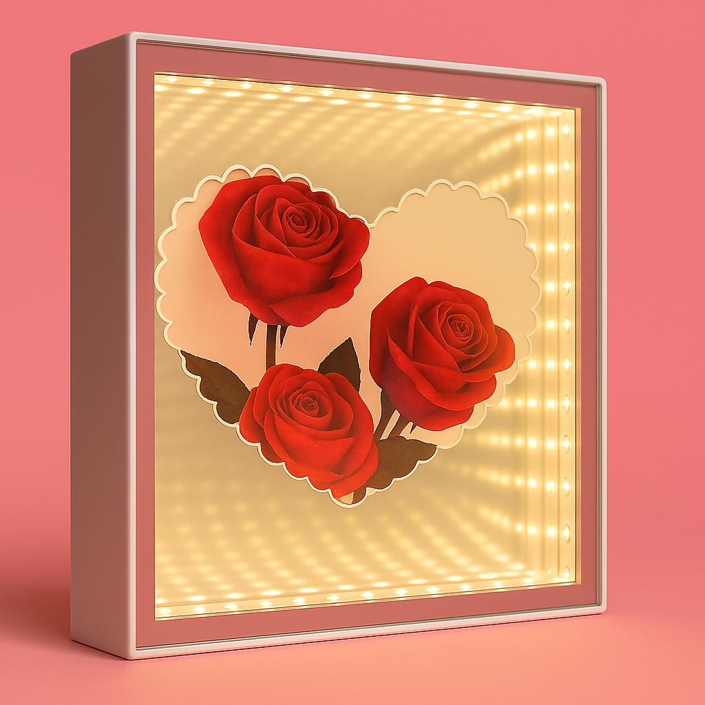 LED Rose Infinity Mirror Light Box | Romantic 3D LED Illusion Heart Shaped Rose Lamp | Decorative Tabletop Night Light for Bedroom, Living Room & Gifts | Valentine’s Day, Anniversary, Wedding, Home Décor