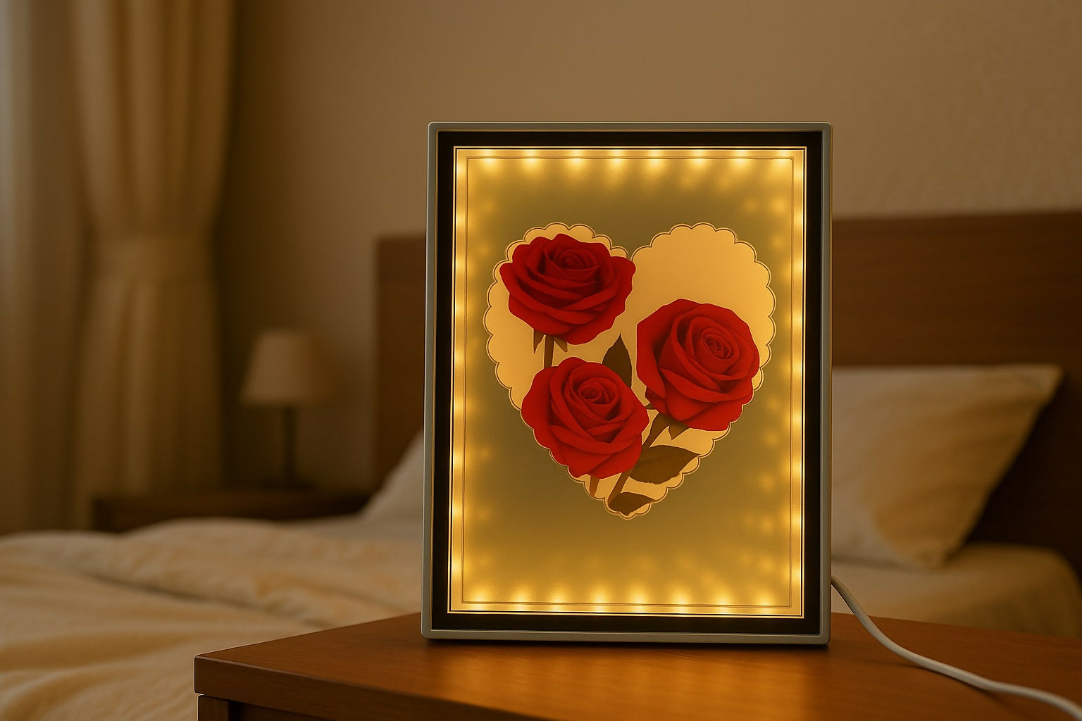 LED Rectangle Photo Frame with Heart-Shaped Rose Design | Glowing Decorative Light Frame for Bedroom, Living Room | Wedding, Anniversary, Valentine’s Day & Romantic Gifting