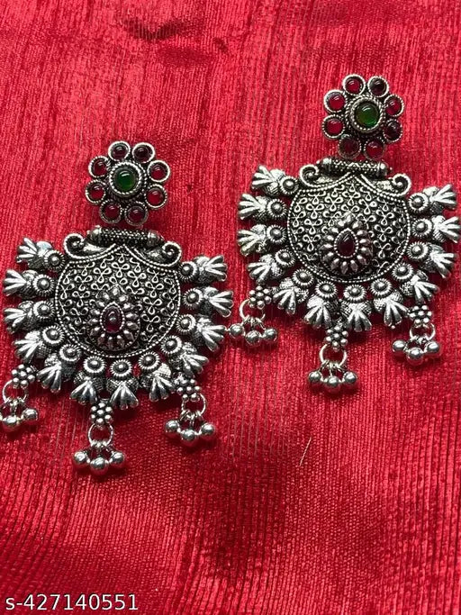 Oxidised Silver Plated Brass Stone Work Earrings for Women's & Girls