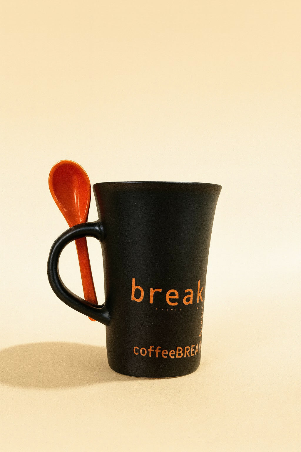 Black Ceramic Coffee Mug with Orange Spoon – Stylish Coffee Break Printed Tea & Coffee Cup with Handle Slot Spoon | Microwave & Dishwasher Safe Mug for Home, Office & Gifting