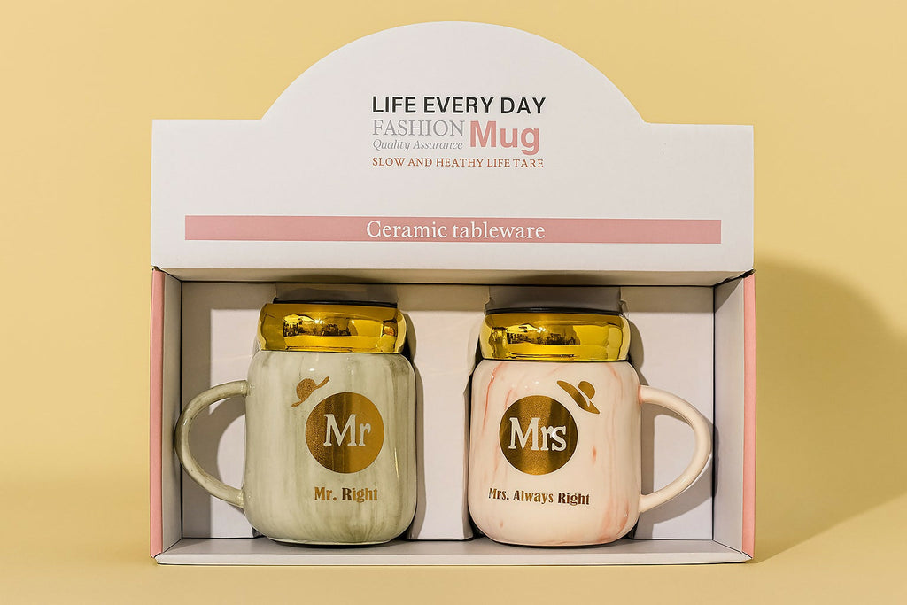 Funny Ceramic Couple Mug Gift Set – Mr. Right & Mrs. Always Right Printed Cups with Gold Lids, Marble Finish, Romantic Gift Box for Anniversary, Valentine, or Wedding (2Pcs)