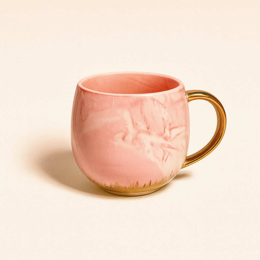 Queen Pink Marble Ceramic Mug with Golden Crown Handle – Luxury Gift Cup