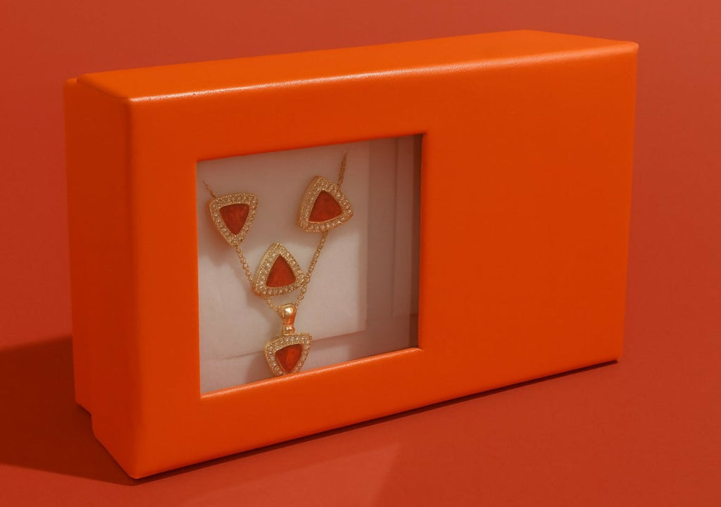 Elegant Women’s Red & Gold Gift Set with Designer Necklace, Bracelet, Earrings, and Stylish Analog Watch | 4-in-1 Jewelry & Watch Combo in Premium Orange Box for Birthday, Anniversary, and Festive Gifting