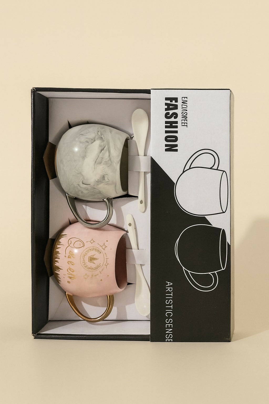 Luxury Marble King & Queen Couple Ceramic Mug Set with Golden Handles & Spoons – Grey & Pink Coffee Cups with Crown Print – Anniversary, Wedding, Engagement, Valentine’s Day & Birthday Gift for Couples (2 Pieces)