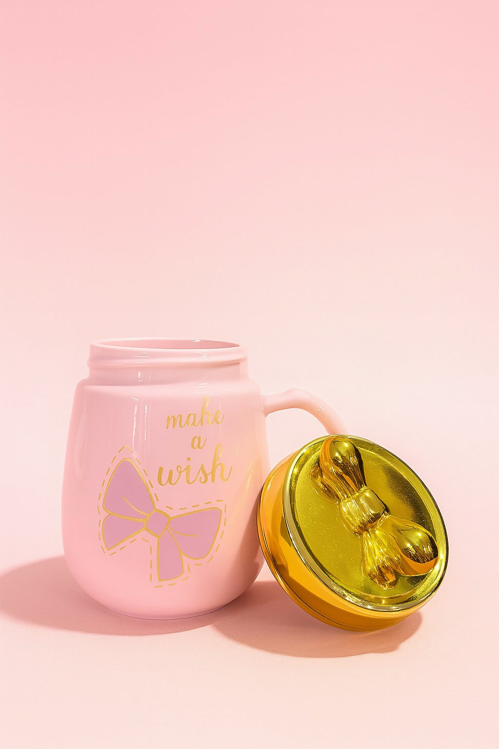 Make a Wish Pink Ceramic Coffee Mug with Golden Lid and Bow Design – Cute Gift for Girls, Women, or Kids – 350ml Stylish Tea Cup with Inspirational Quote