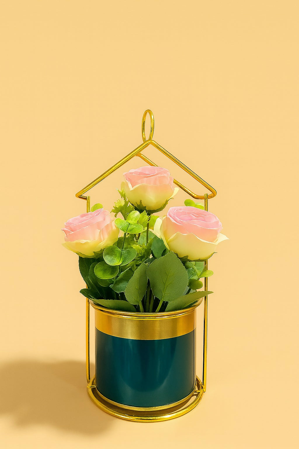Artificial Pink and Cream Rose Flower Arrangement in Dark Green & Gold Metal Pot with Geometric Stand – Elegant Decorative Centerpiece for Home, Office, and Gifting