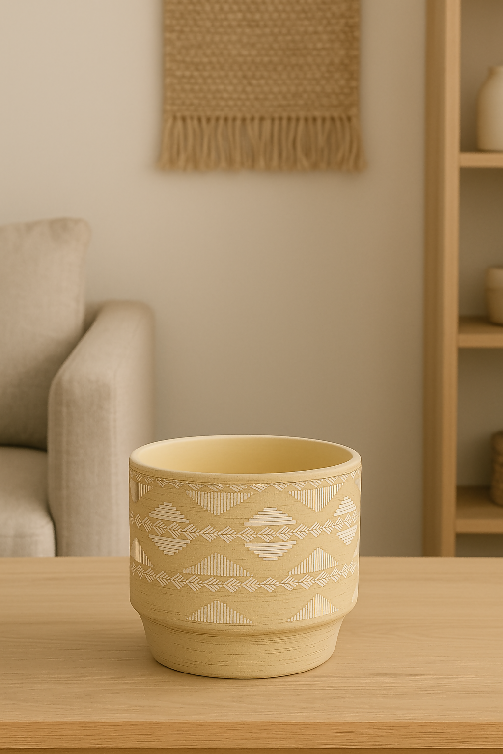 Handcrafted Beige Ceramic Planter Pot with White Tribal Pattern – Decorative Indoor Pot for Home, Office, or Tabletop Display – Boho Style Flower Pot