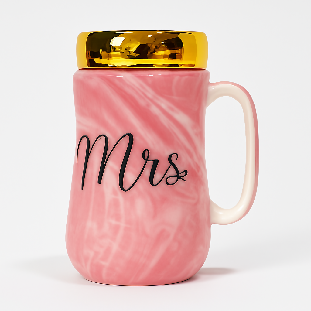 Elegant Pink Ceramic Mrs. Mug with Golden Lid – Marble Finish Coffee & Tea Cup for Women, Brides, Wives – Luxury Gift for Anniversary, Wedding, Engagement, or Valentine’s Day