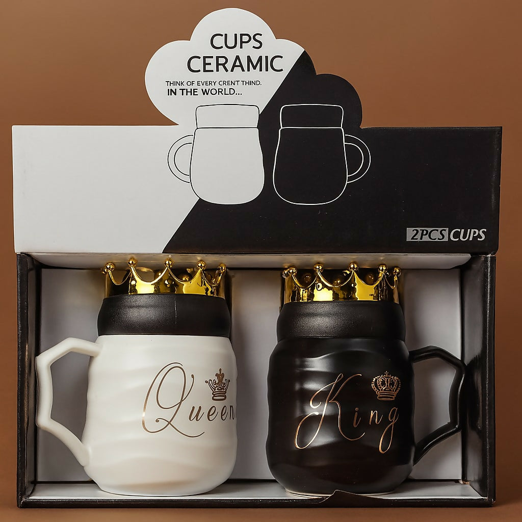 Royal Ceramic Couple Mug Gift Set – King and Queen Crown Design Mugs with 3D Gold Lid, Unique Textured Finish, Perfect Gift for Couples & Special Occasions (2Pcs)