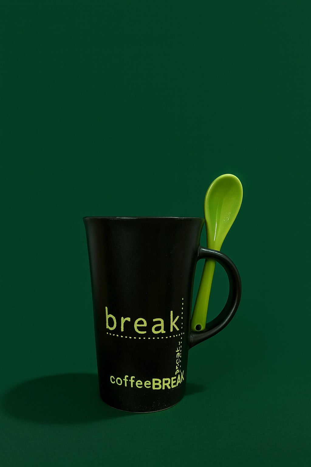 Black Ceramic Coffee Mug with Green Spoon – Stylish Coffee Break Printed Tea & Coffee Cup with Handle Slot Spoon | Microwave & Dishwasher Safe Mug for Home, Office & Gifting