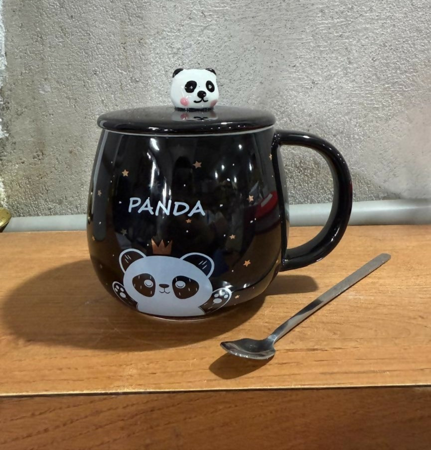 Black Panda Ceramic Mug with Lid & Spoon | Cute Cartoon Panda Coffee & Tea Cup | Large Capacity Milk Mug with Crown Panda Print | Gift Mug for Kids, Women & Panda Lovers