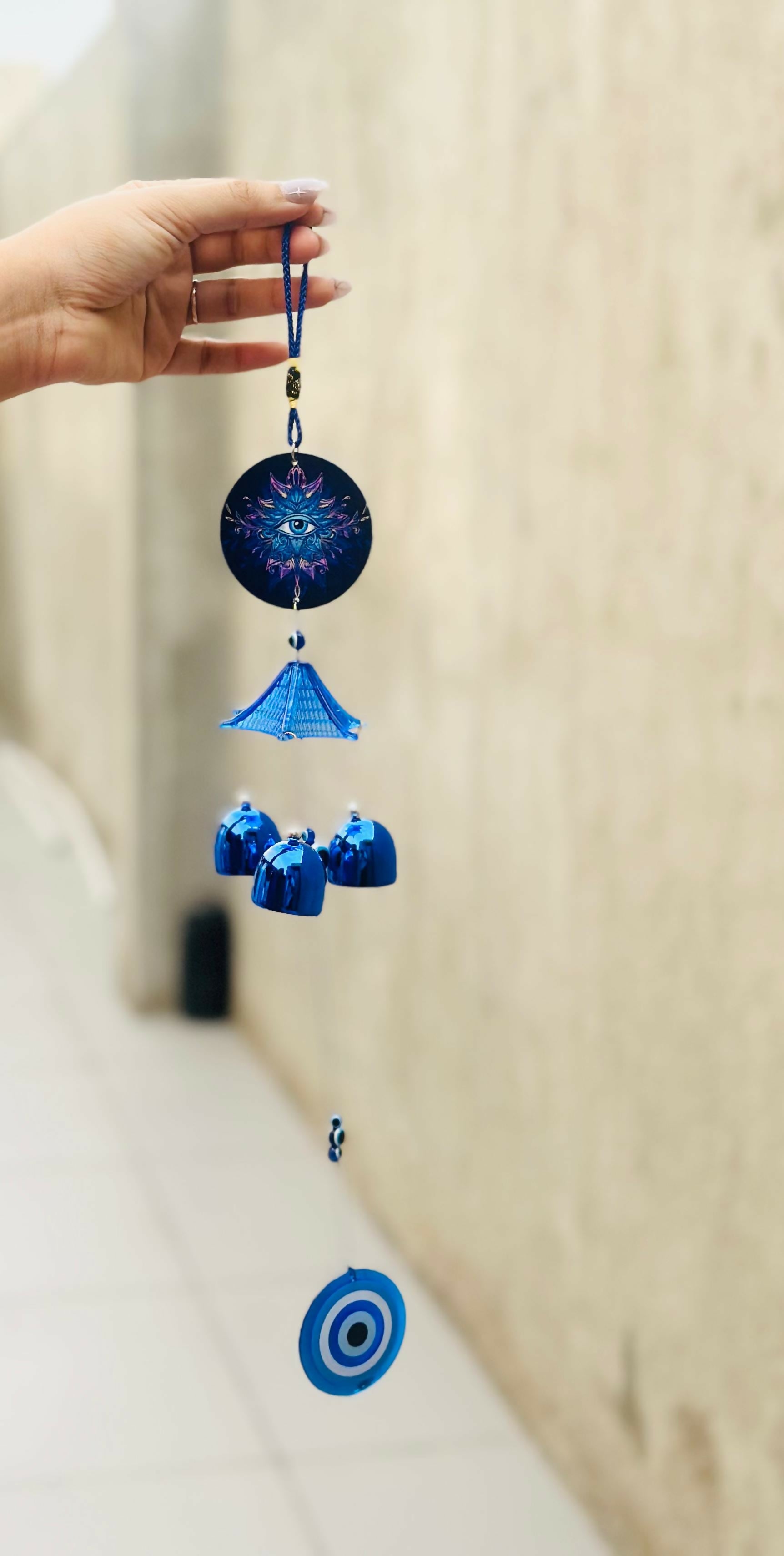 Mystical Evil Eye Wind Chime Hanging – Blue Metal Bells with Nazar Beads, All-Seeing Eye Disc & Tassel – Protective Boho Wall Decor for Home, Balcony, or Car Rearview Mirror