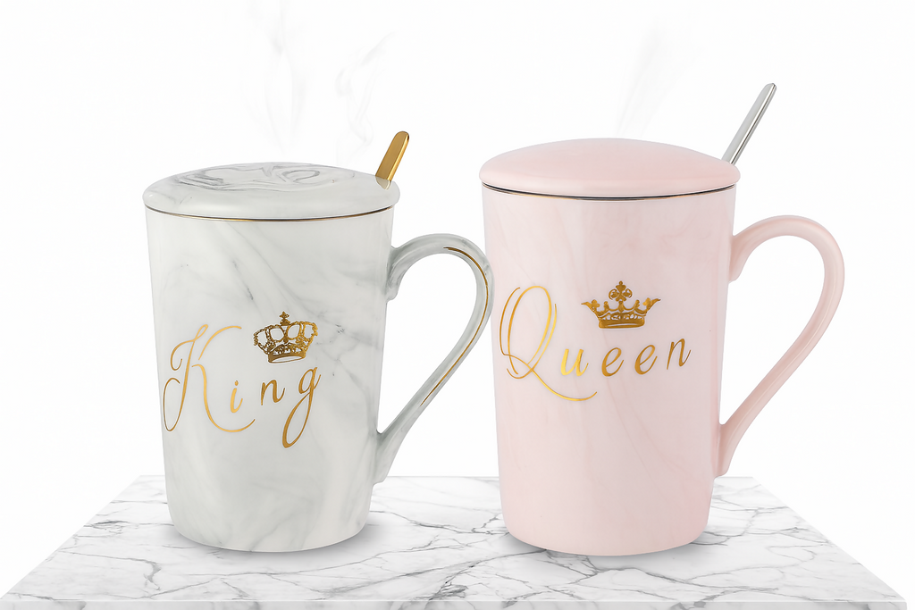 King & Queen Coffee Mug Set with Lids & Spoons | Marble Ceramic Cups for Couples | Luxury Gold Crown Print Tea & Coffee Mug Gift Set for Anniversary, Wedding, Valentine’s Day, Husband & Wife