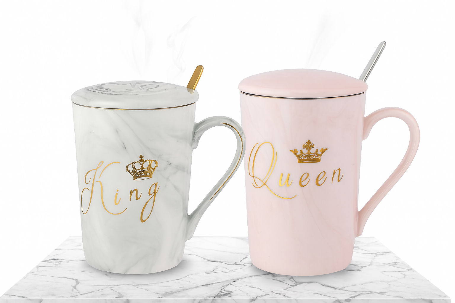 King & Queen Coffee Mug Set with Lids & Spoons | Marble Ceramic Cups for Couples | Luxury Gold Crown Print Tea & Coffee Mug Gift Set for Anniversary, Wedding, Valentine’s Day, Husband & Wife