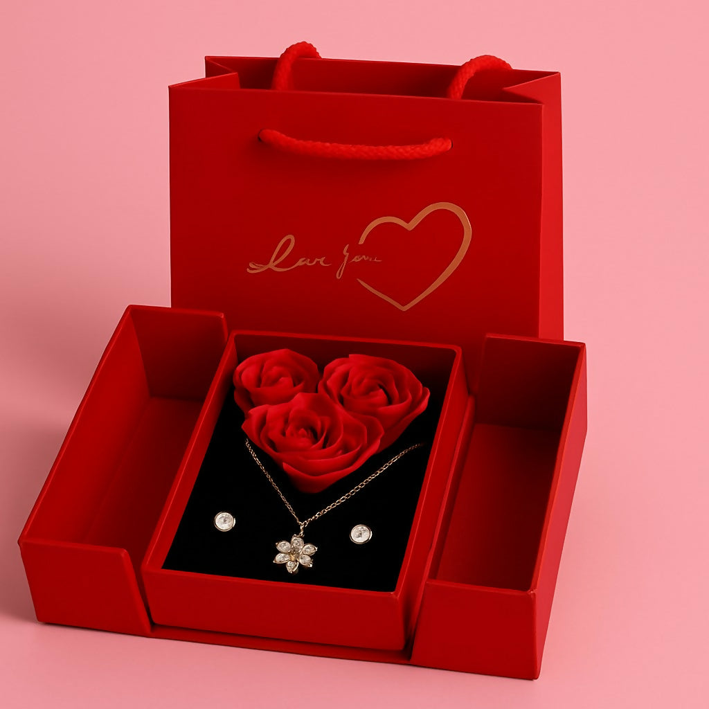Luxury Red Jewelry Gift Box with Artificial Roses, Necklace & Earrings | Romantic Gift Set for Wife, Girlfriend, Mom | Perfect for Valentine’s Day, Anniversary, Wedding, Birthday & Special Surprises