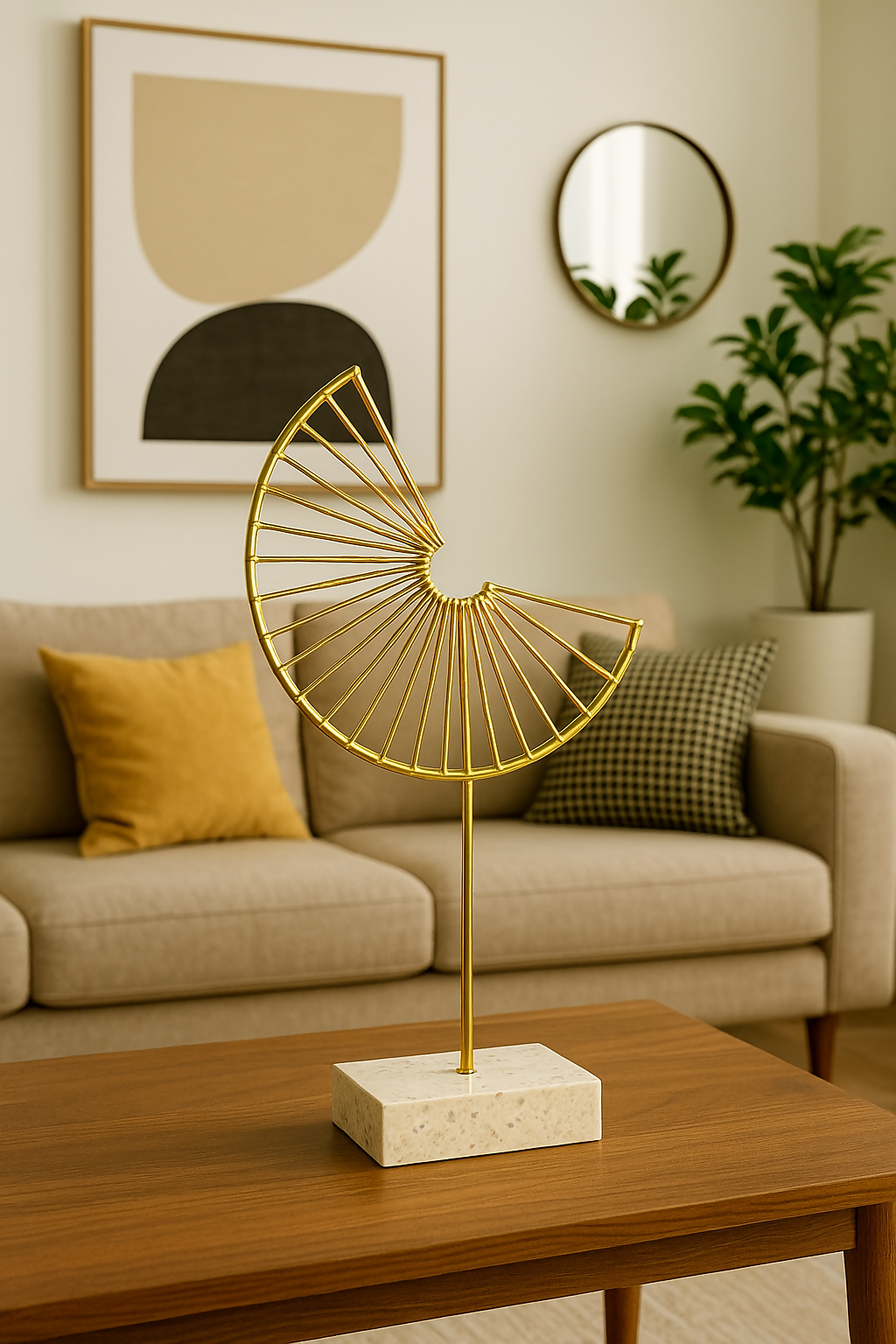 HOME DECOR Modern Abstract Golden Wire Sculpture with Stone Base – Minimalist Table Decor