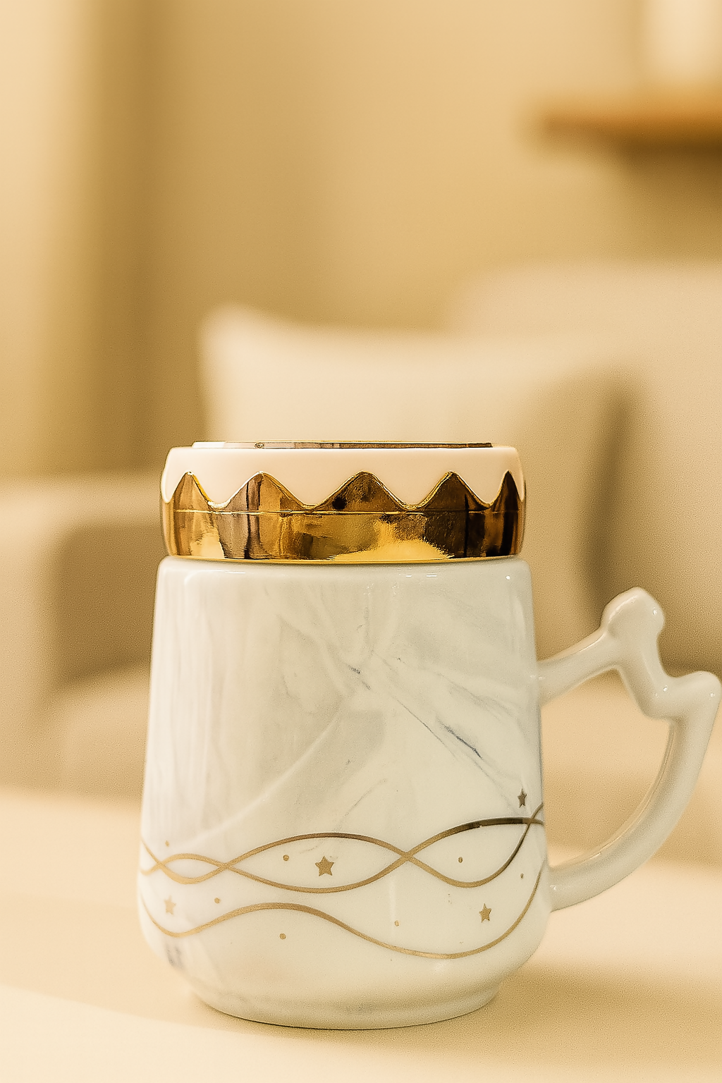 Luxury Ceramic "Mr." Mug with Crown Lid & Mirror | White Marble Finish with Gold Accents | Heart Handle Coffee/Tea Cup for Men – Gift for Husband, Fiancé, Boyfriend