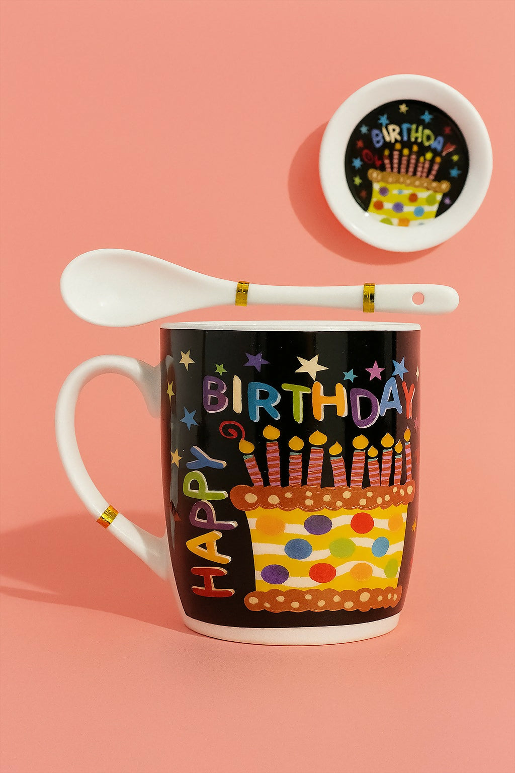 Happy Birthday Ceramic Mug Gift Set – Set of 2 Printed Coffee Mugs with Spoons in Premium Box – Colorful Birthday Cake Design – Gift for Men, Women, Friends & Family