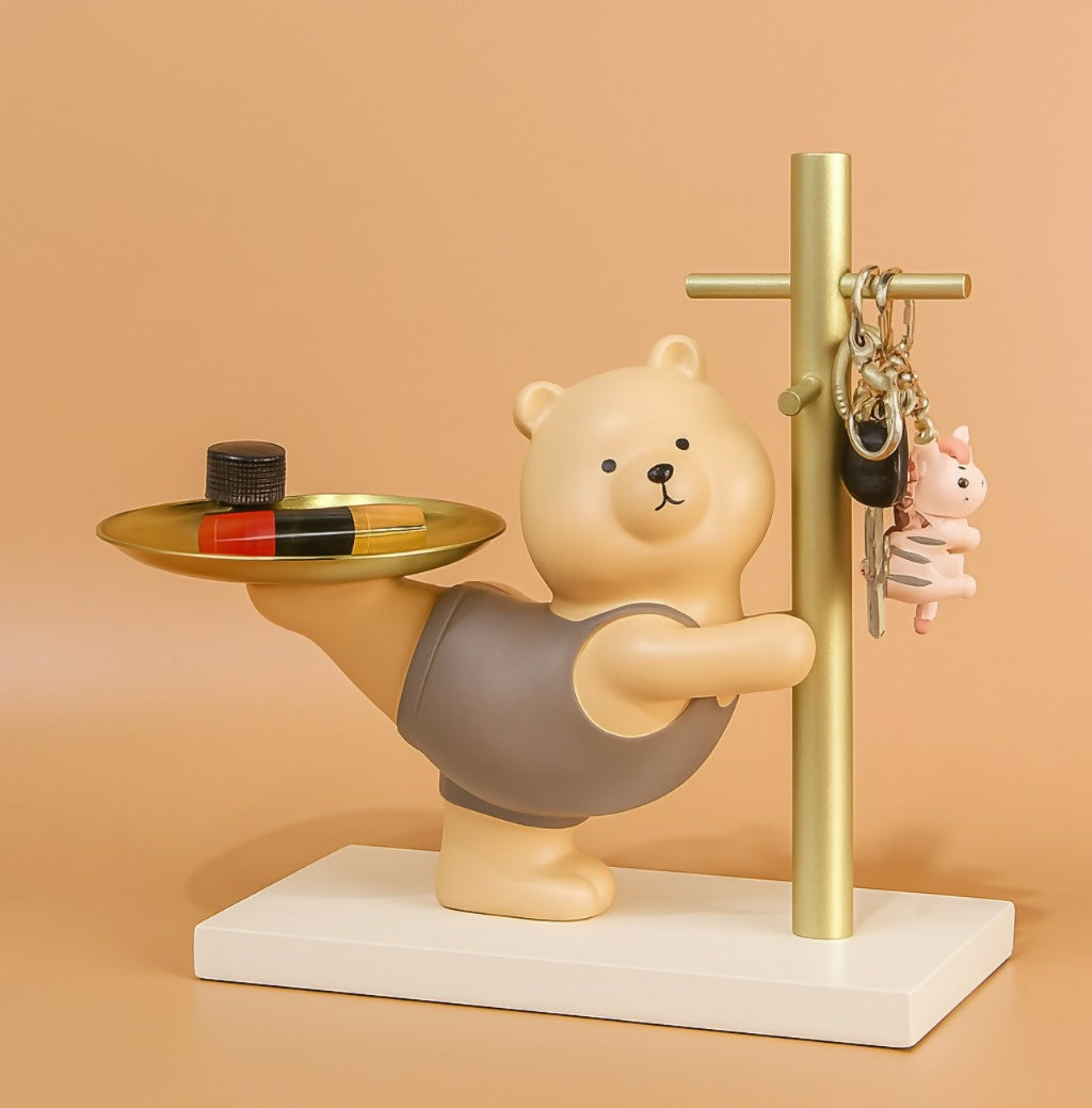 HOME DECOR Cute Bear Pole Key Holder with Multipurpose Tray | Resin Decorative Organizer for Keys, Lipstick, Coins & Accessories – Ideal for Entryway, Living Room & Office Table Décor