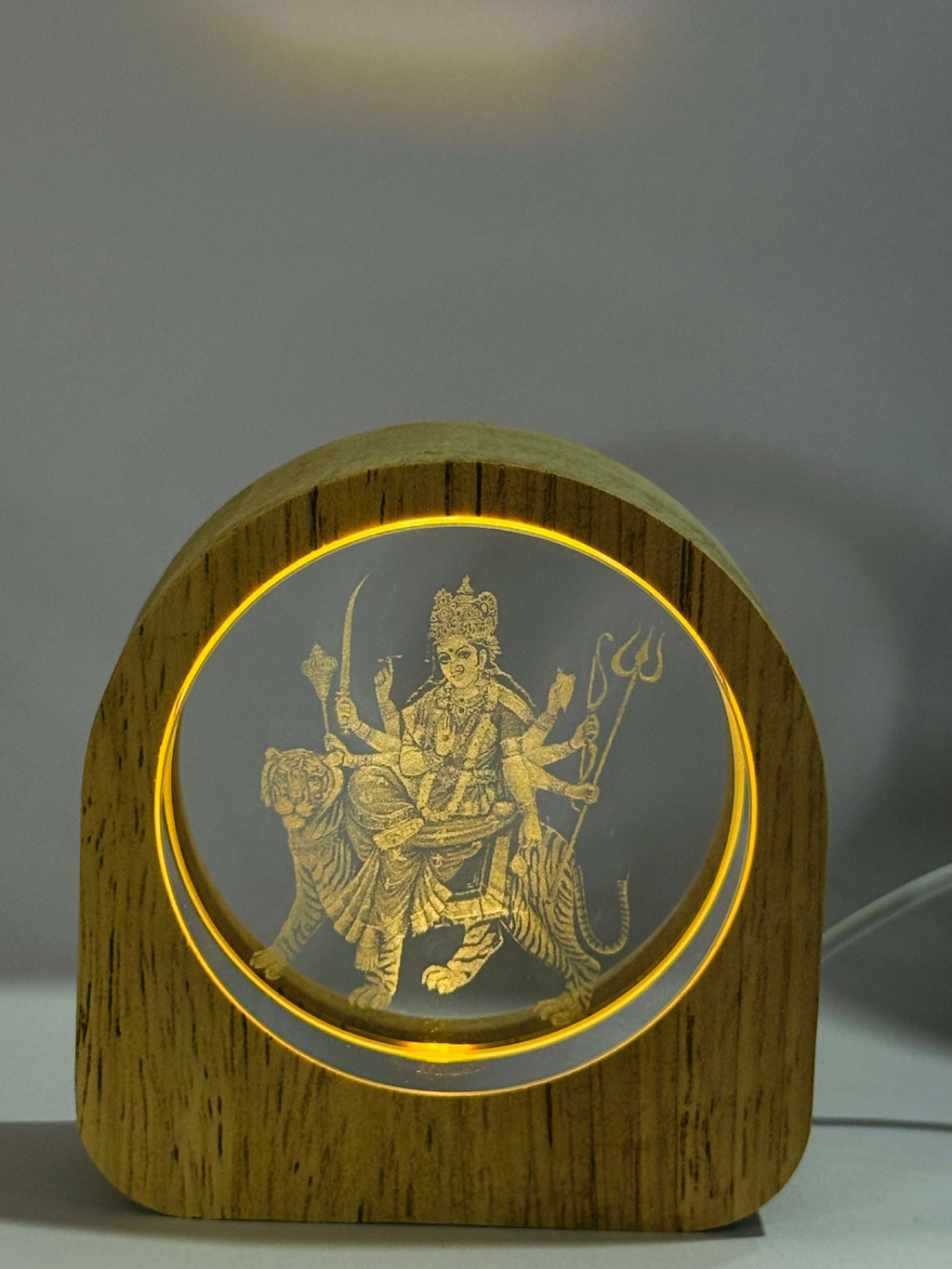 Wooden Frame LED Night Lamp with 3D Engraved Goddess Durga in Crystal Glass – USB Powered Table Light with Warm Yellow Glow | Spiritual Decorative Night Light for Home, Temple & Gifts (Handcrafted)