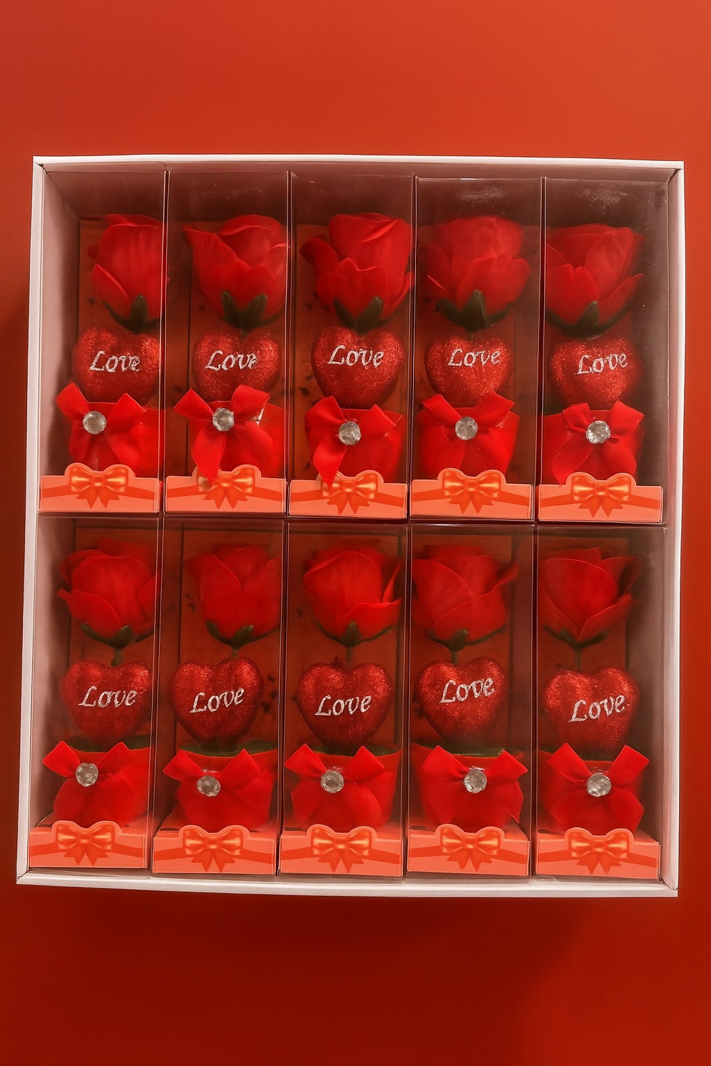 Set of 10 Artificial Red Rose with Glitter Heart "Love" Base and Bow – Romantic Gift Box Showpieces for Valentine’s Day, Return Gifts, Anniversary, Wedding Favors & Home Decoration