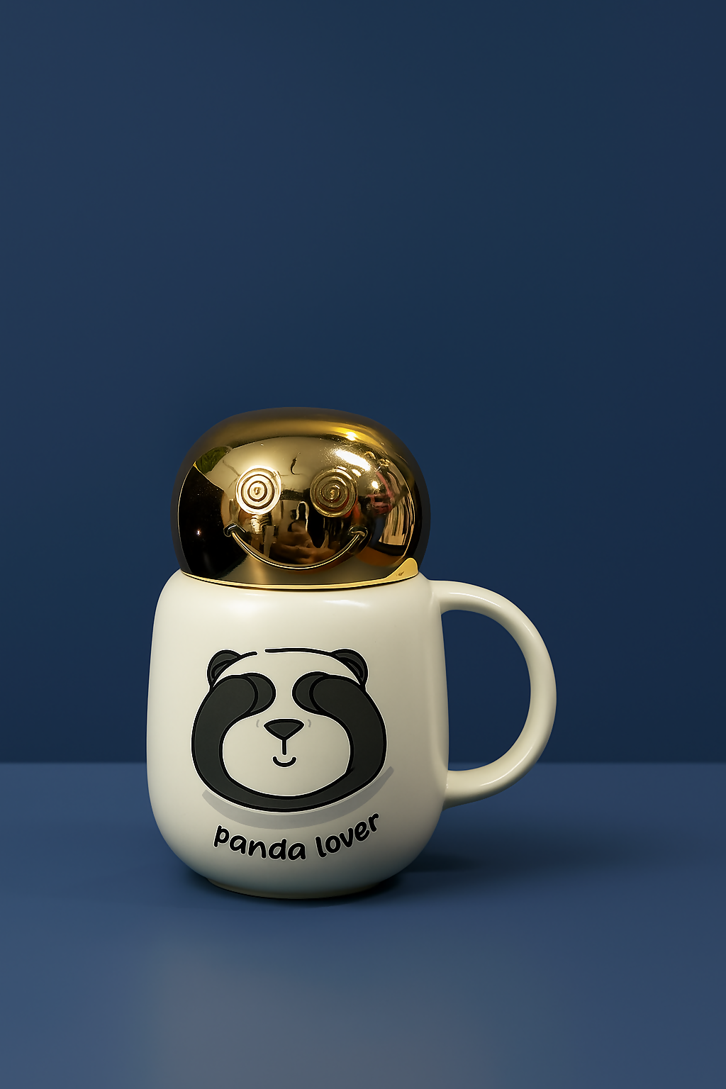 Cute Panda Ceramic Coffee Mug with Golden Lid – “I Hate Mornings” Design