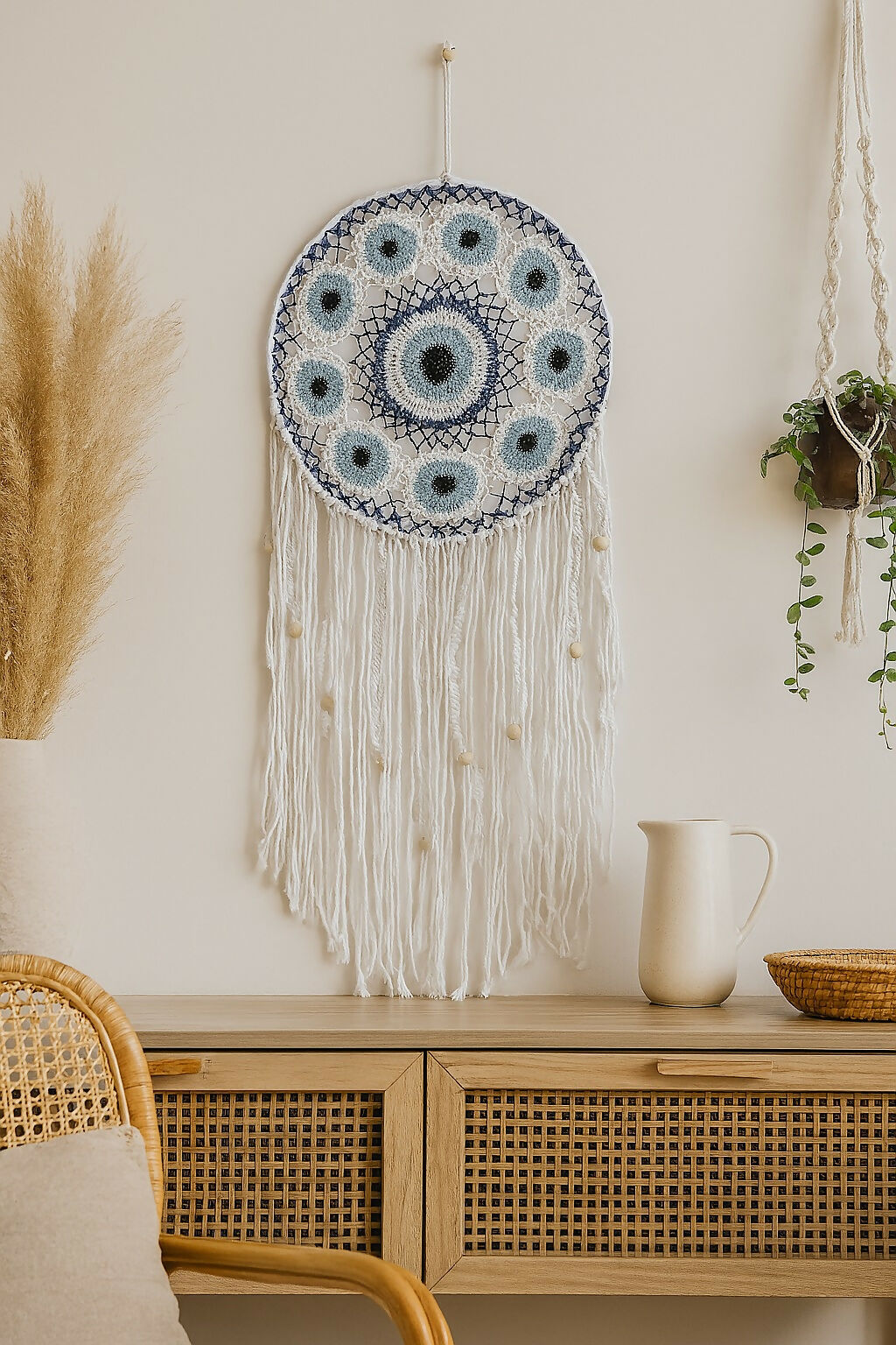 HOME DECOR Handmade Macrame Evil Eye Dreamcatcher Wall Hanging – Large Boho Crochet Wall Art with Cotton Tassels for Bedroom, Living Room, Home Decor & Gifting – Spiritual Protection Wall Hanging