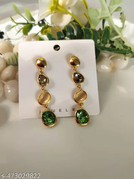 Gold Plated Partywear Long Tassel Earrings with Different colour stones