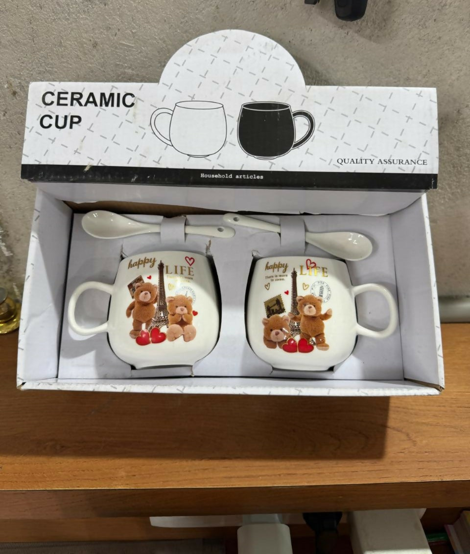 Teddy Bear Couple Ceramic Mug Gift Set with Matching Spoons | Cute Cartoon Coffee & Milk Cups | Romantic Anniversary, Valentine’s Day, Birthday & Wedding Gift for Couples