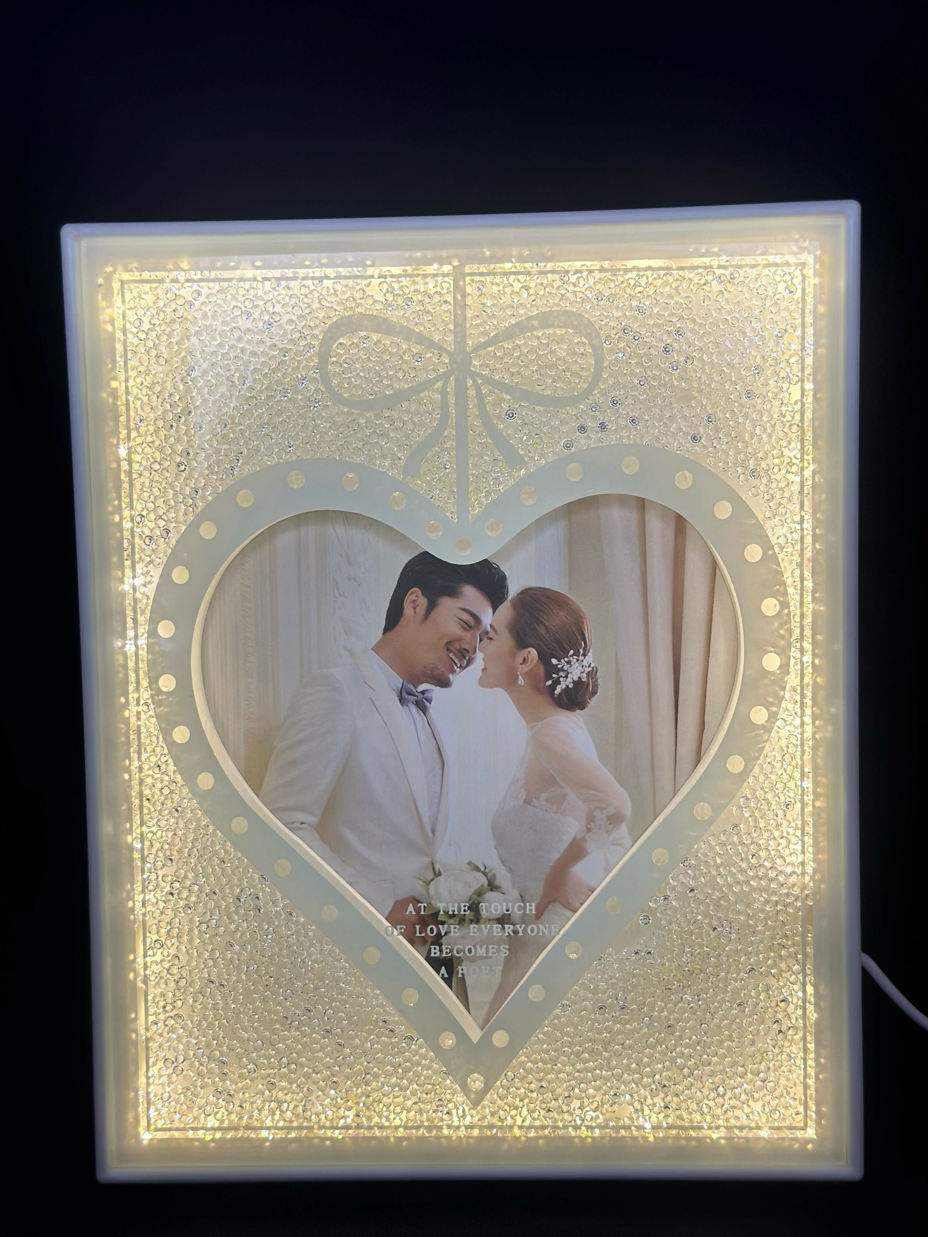Personalized LED Photo Frame with Heart Design and Sparkling Crystal Border – Romantic Light-Up Table Frame for Couples with Quote 'At the Touch of Love Everyone Becomes a Poet' – Perfect Gift for Weddings, Anniversaries & Valentine's Day