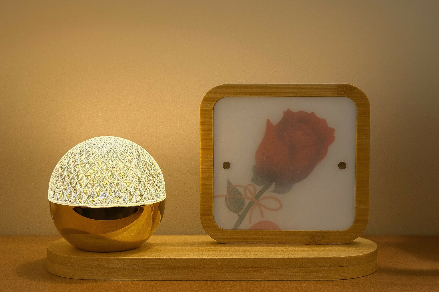 Romantic Rose Print LED Table Lamp with Crystal Globe Light – Wooden Base Decorative Night Lamp for Bedroom, Living Room & Gifting – Elegant Bedside Lamp with Soft Warm Glow