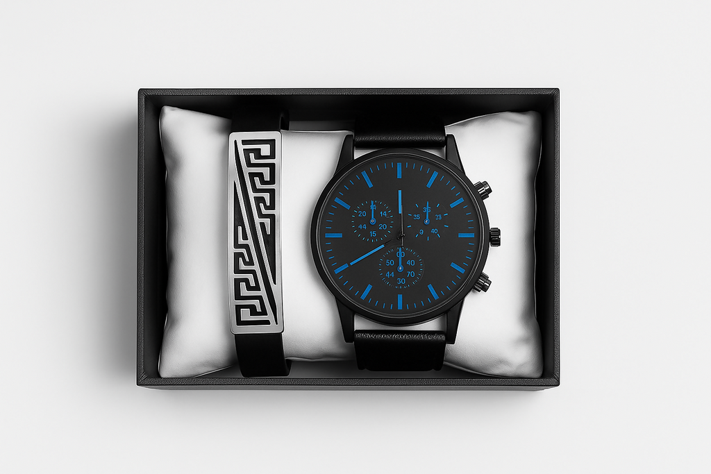 Luxury Men's Gift Set with Black Chronograph Watch and Geometric Stainless Steel Bracelet – Stylish Modern Timepiece and Bracelet Combo in Premium Presentation Box – Ideal for Birthday, Anniversary, or Corporate Gift