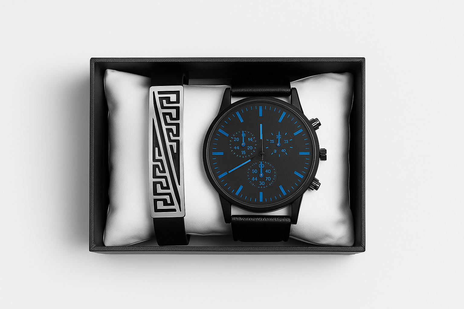 Luxury Men's Gift Set with Black Chronograph Watch and Geometric Stainless Steel Bracelet – Stylish Modern Timepiece and Bracelet Combo in Premium Presentation Box – Ideal for Birthday, Anniversary, or Corporate Gift