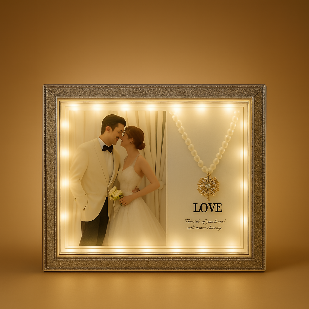 Crystal LED Wedding Photo Frame with Necklace Design – 5x7 Inch Decorative Light Up Picture Frame for Couple Photos | Romantic Home Décor Gift for Anniversary, Wedding & Valentine’s Day | Elegant Crystal Border Tabletop Frame